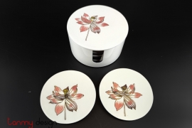 Set of  6 round white hand-painted lotus coasters with box 